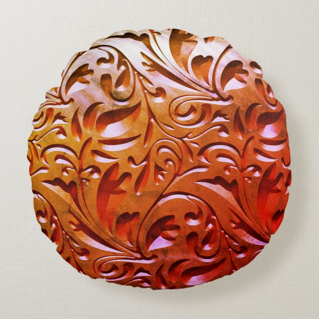 Carved wood woodgrain look elegant abstract brown  round pillow (Front)