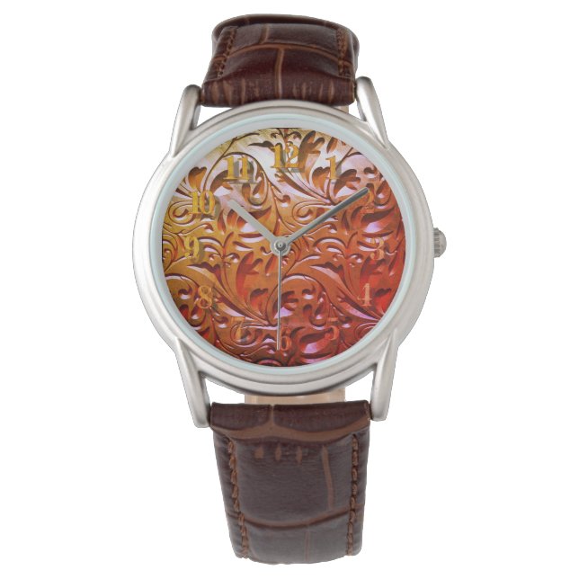 Carved wood woodgrain look elegant abstract brown  watch (Front)
