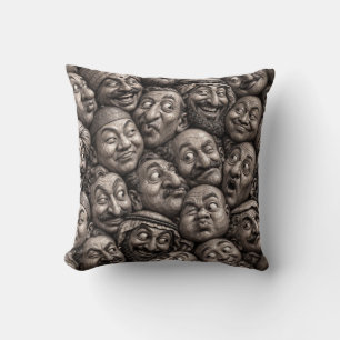 Carved Wooden Faces Vintage Boho Pattern Throw Pillow