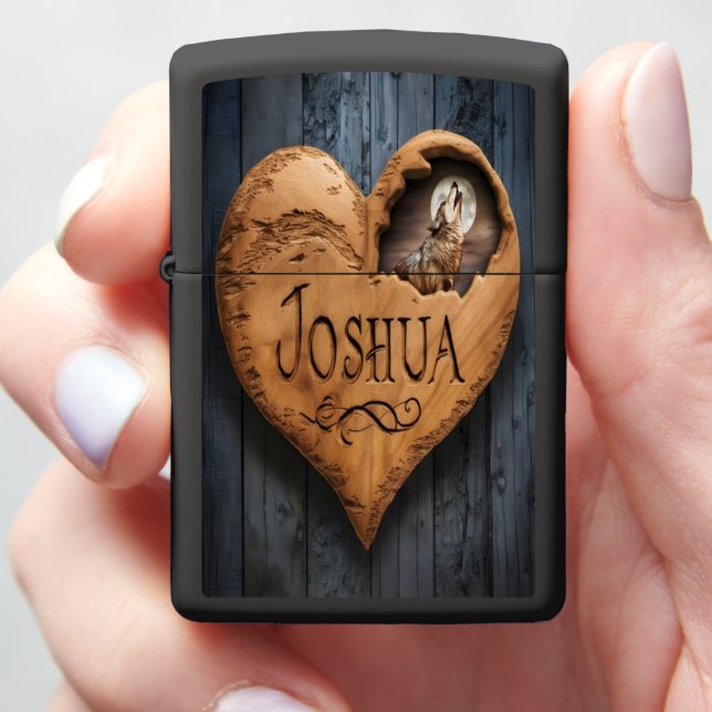 Carved Wooden Heart With Wolf Zippo Lighter (In Hand)
