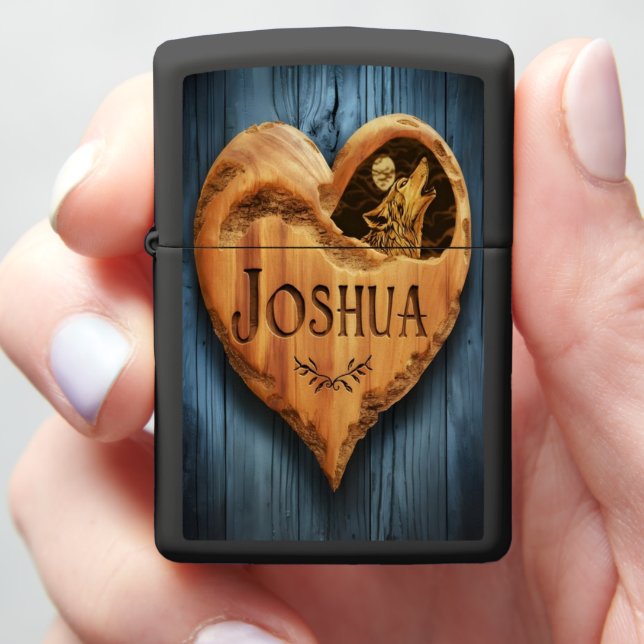 Carved Wooden Heart With Wolf Zippo Lighter (In Hand)