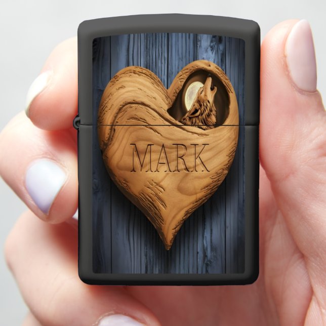 Carved Wooden Heart With Wolf Zippo Lighter (In Hand)