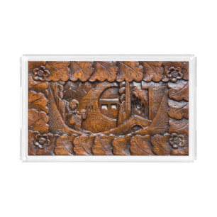 Carved wooden oriental looking acrylic tray