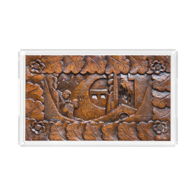 Carved wooden oriental looking acrylic tray (Front)
