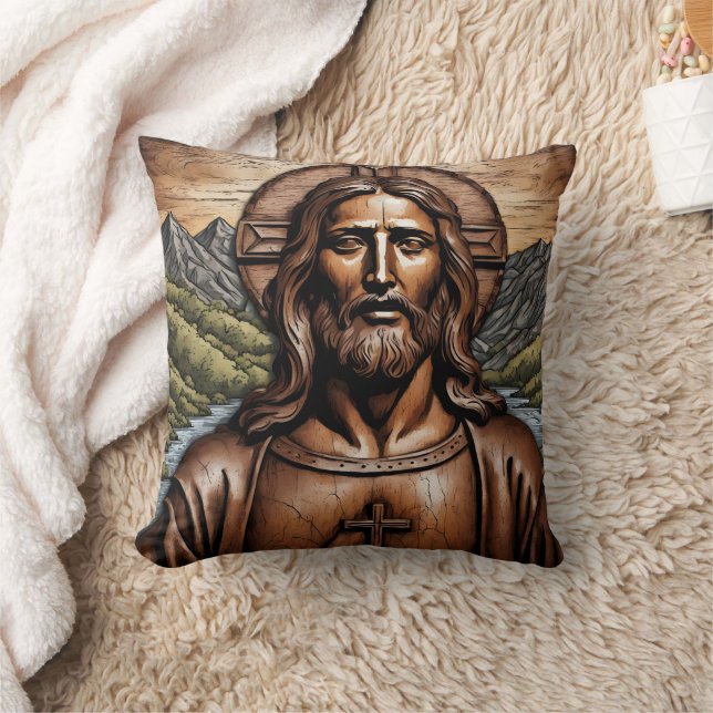 Carved Wooden Portrait of Jesus Amid Nature Throw Pillow (Blanket)