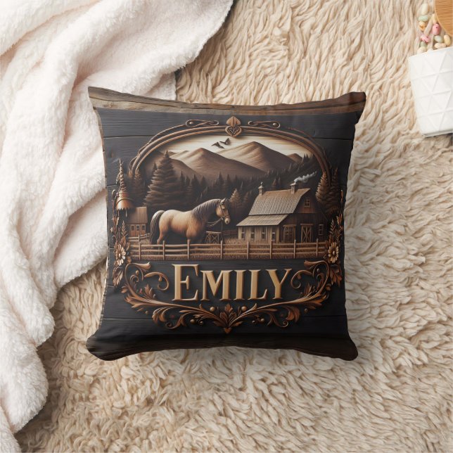 Carved Wooden Sign of Emily at Country Farm Throw Pillow (Blanket)