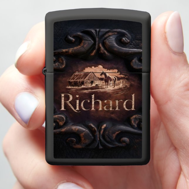 Carved Wooden Sign With Horse and Barn Zippo Lighter (In Hand)