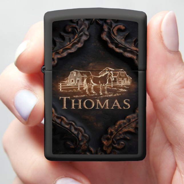 Carved Wooden Sign With Horse and Barns Zippo Lighter (In Hand)