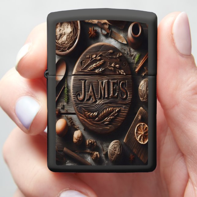Carved Wooden Sign With James Zippo Lighter (In Hand)