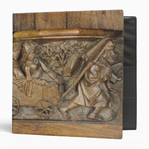 Carving depicting a couple in cart pulled by a 3 ring binder