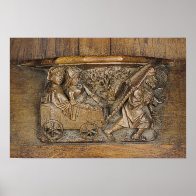 Carving depicting a couple in cart pulled by a poster (Front)