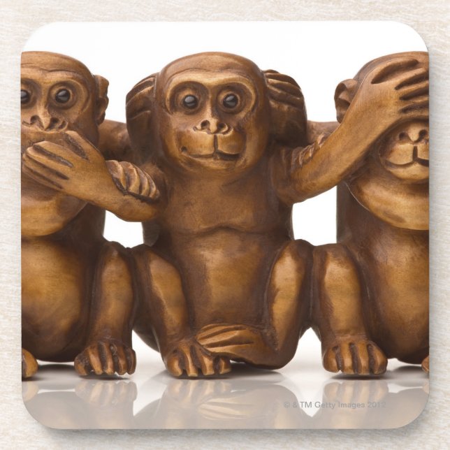 Carving of three wooden monkeys beverage coaster (Front)