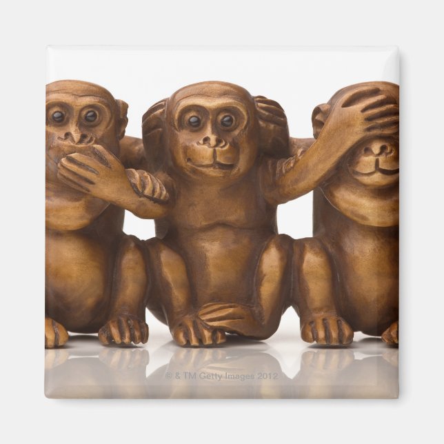 Carving of three wooden monkeys magnet (Front)