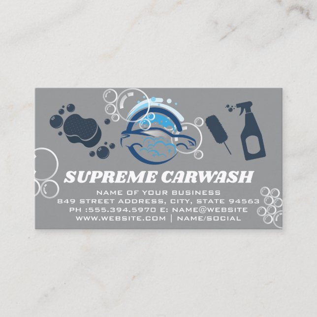 Carwash Cleaning Logo and Supplies | Soap Bubbles Business Card (Front)