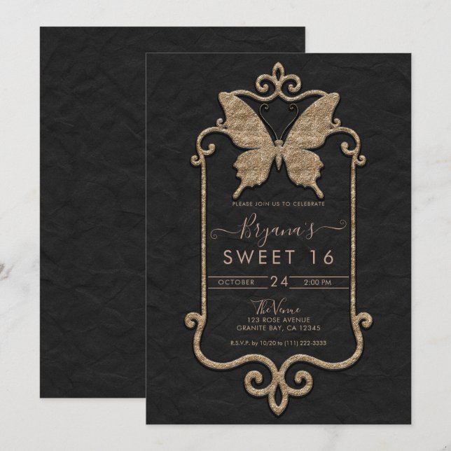 Casa Mariposa Pink & Black Butterfly Sweet 16 Invitation (Front/Back)