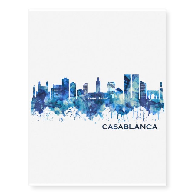 Casablanca Morocco Skyline Blue Temporary Tattoos (Front)