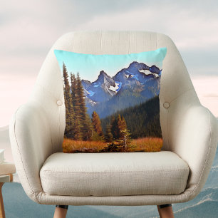 Cascade Mountains in Golden Sunlight Throw Pillow