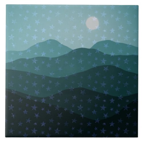 Cascade of Stars over Teal Mountains Abstract Ceramic Tile