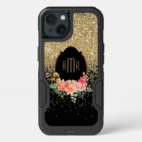 Cascades of Gold Glitter with Floral Monogram iPhone 13 Case