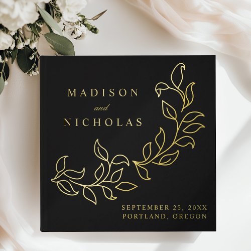 Cascading Black and Gold Foil Leaves Photo Wedding Foil Guest Book