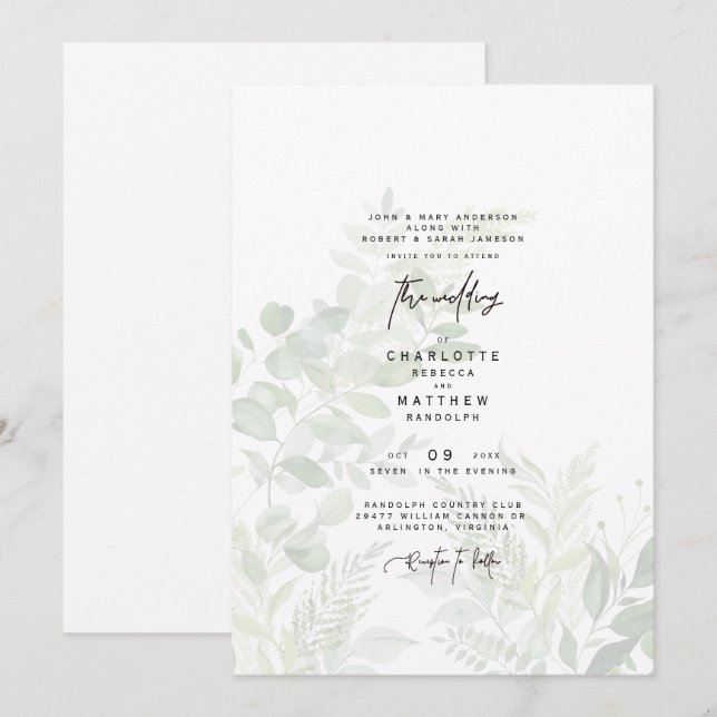 Cascading Botanical Watercolor Greenery Wedding Invitation (Front/Back)