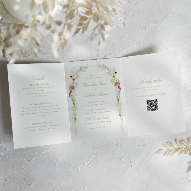 Cascading Floral Monogram Crest All-in-one Wedding Tri-Fold Invitation (Creator Uploaded)
