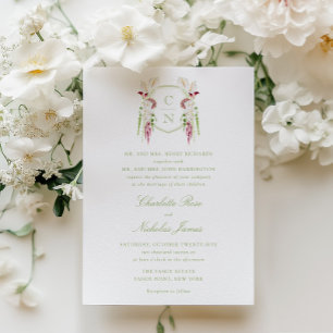 Cascading Floral Monogram Crest Wedding Invitation