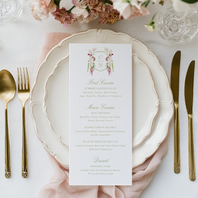 Cascading Floral Monogram Crest Wedding Menu (Creator Uploaded)
