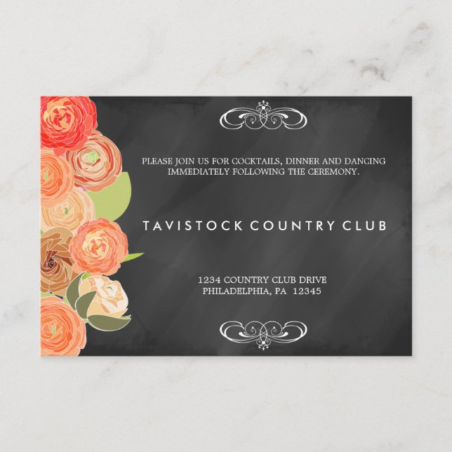 Cascading Flowers ChalkboardWedding Reception Card (Front)