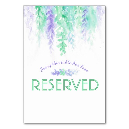 Cascading flowers purple green watercolor reserved table number