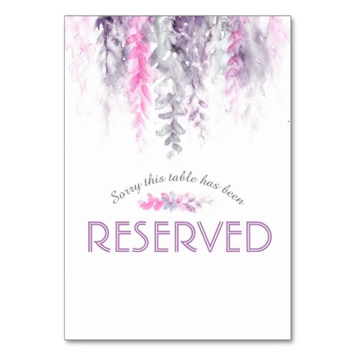 Cascading flowers purple pink watercolor reserved table number
