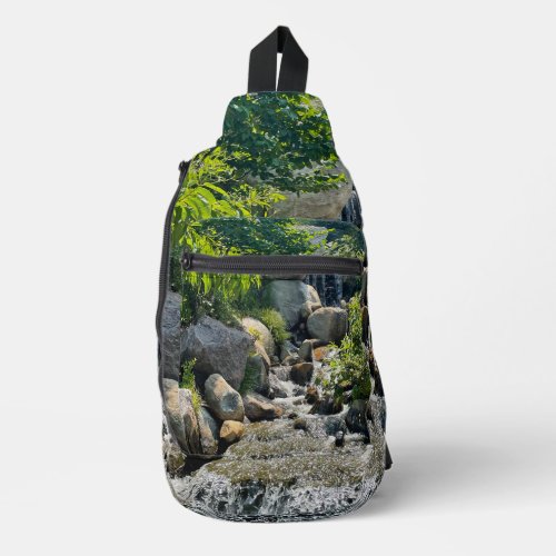 Cascading forest waterfall  forest greenery   sling bag