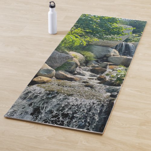 Cascading forest waterfall  forest greenery   yoga mat