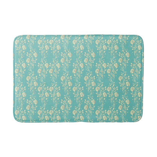 Cascading gold flowers on teal bath mat (Front)