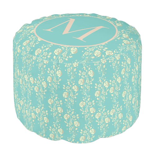 Cascading gold flowers on teal Monogram Pouf