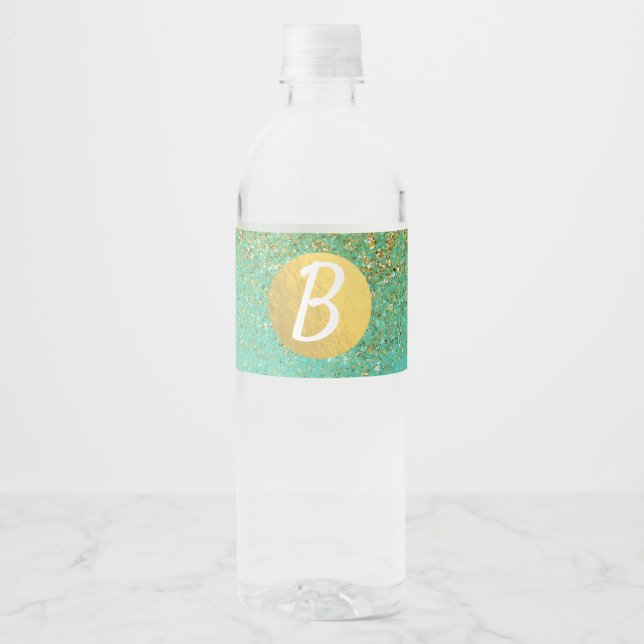 Cascading Gold Glitter Teal Aqua Birthday Party Water Bottle Label (Front)