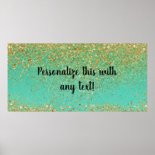 Cascading Gold Glitter & Teal Aqua Glam Banner Poster
