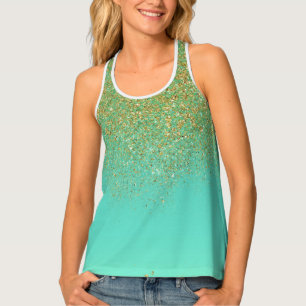 Cascading Gold Glitter Teal Aqua Glam Sparkle Tank Top