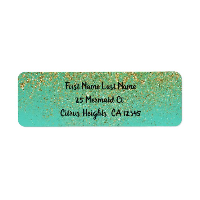 Cascading Gold Glitter & Teal Aqua Glam Trendy Label (Front)