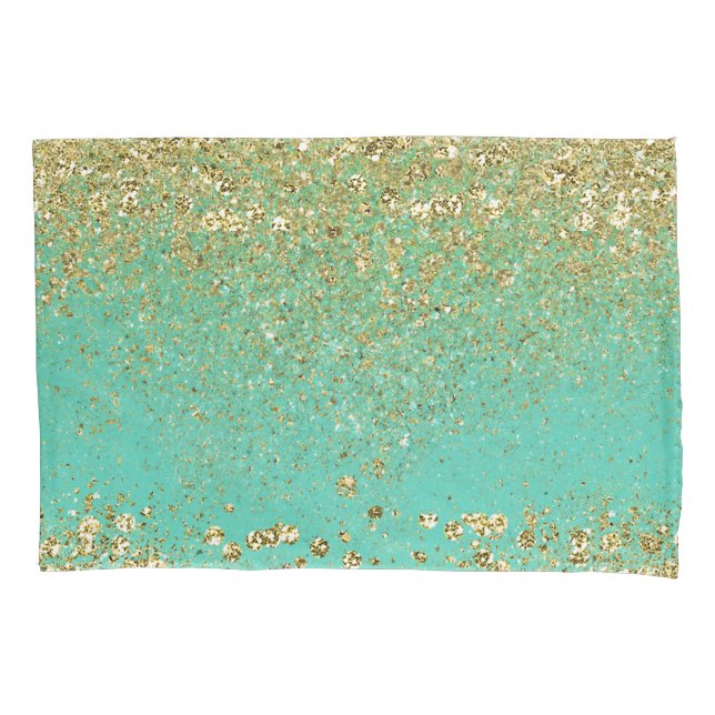 Cascading Gold Glitter & Teal Aqua Glam Trendy Pillow Case (Front)