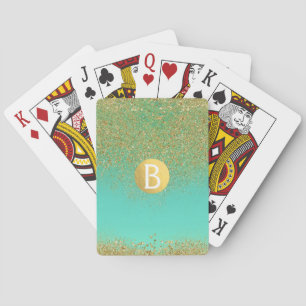 Cascading Gold Glitter & Teal Aqua Glam Trendy Poker Cards