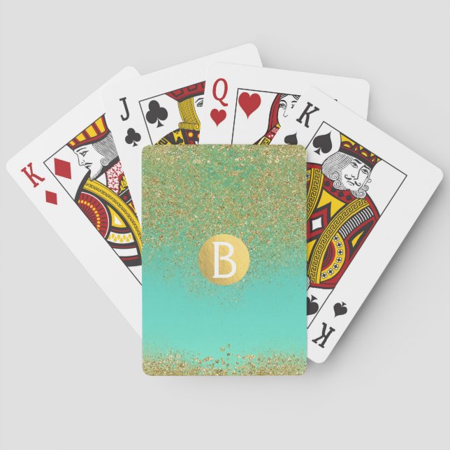 Cascading Gold Glitter & Teal Aqua Glam Trendy Poker Cards (Back)