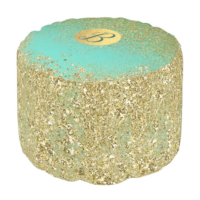 Cascading Gold Glitter & Teal Aqua Glam Trendy Pouf (Angled Back)