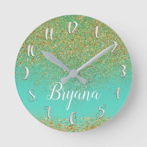 Cascading Gold Glitter Teal Aqua Glam Trendy Round Clock