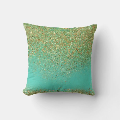 Cascading Gold Glitter  Teal Aqua Glam Trendy Throw Pillow