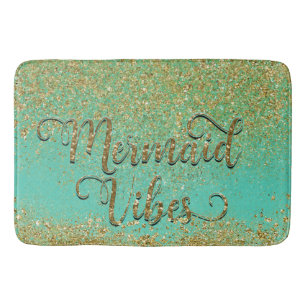 Cascading Gold Glitter & Teal Aqua MERMAID VIBES Bathroom Mat