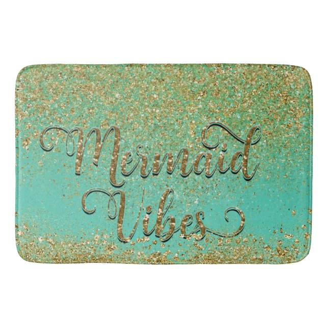 Cascading Gold Glitter & Teal Aqua MERMAID VIBES Bathroom Mat (Front)
