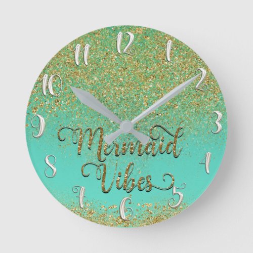 Cascading Gold Glitter Teal Aqua Mermaid Vibes Round Clock