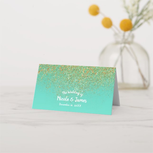 Cascading Gold Glitter Teal Aqua Party Table Seat Place Card (Front)