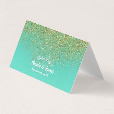 Cascading Gold Glitter Teal Aqua Party Table Seat Place Card Cascading Gold Glitter Teal Aqua Party Table Seat Place Card
